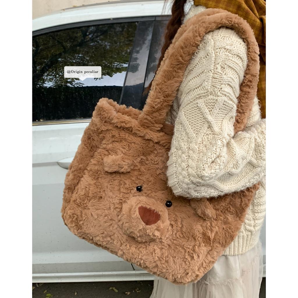 Korean Version of Cute Plush Bear Bag 2025 New Large-capacity Shoulder Tote Bag Winter Fashion Fur Bag