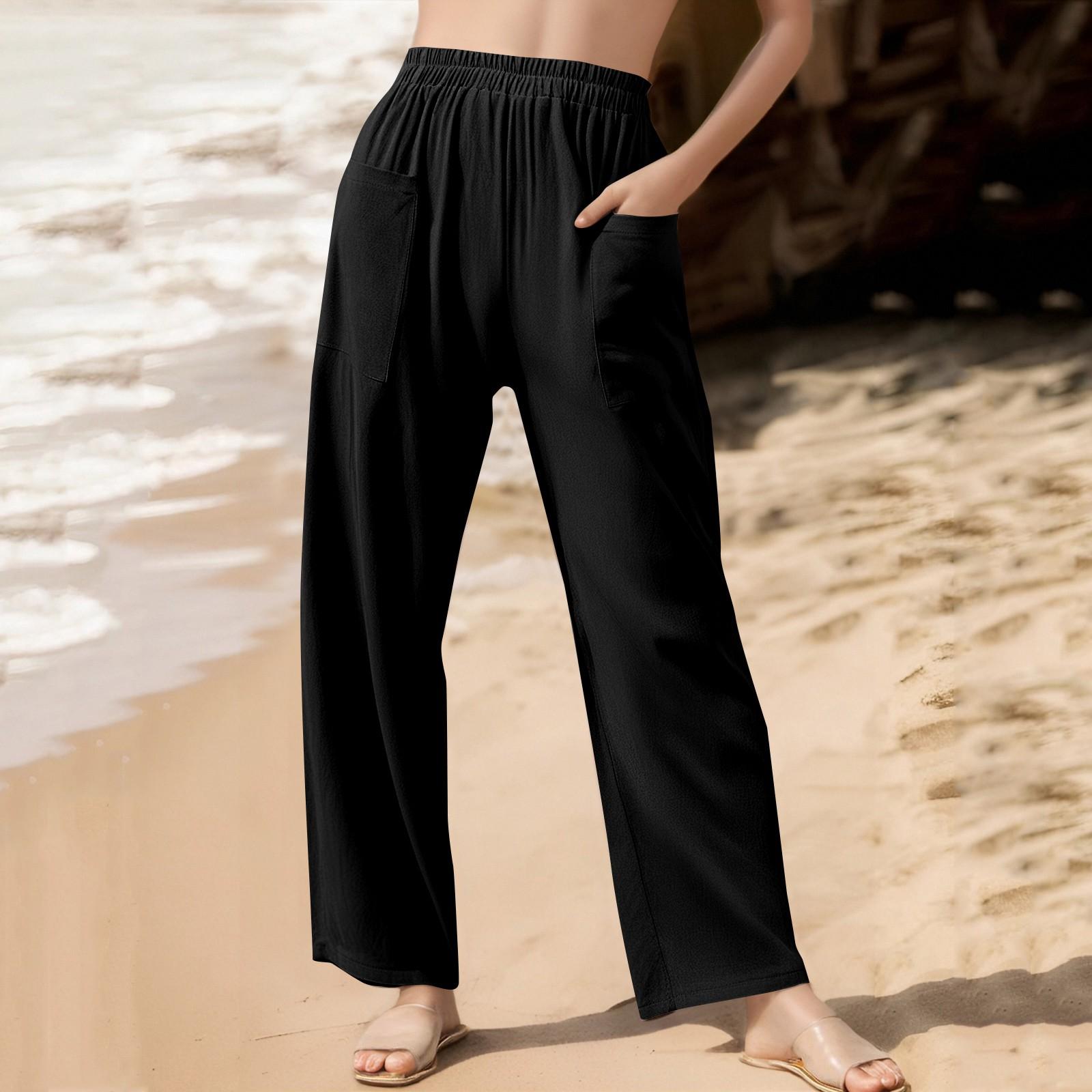

Женские однотонные повседневные брюки прямого кроя из хлопка и льна с высокой талией и свободными карманами на эластичном поясе L чёрный