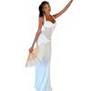 European and American Style Vacation Solid Color Women's Clothing Micro-elastic Lace-up Neck Hip Skirt Sexy Mesh Home Long Dress