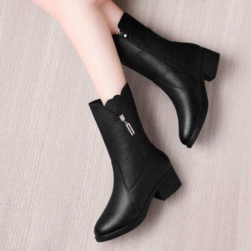 Fashion Thick Heel Martin Boots Women's New Winter Velvet Thickened Thermal Medium Boots Medium Heel Versatile Snow Boots