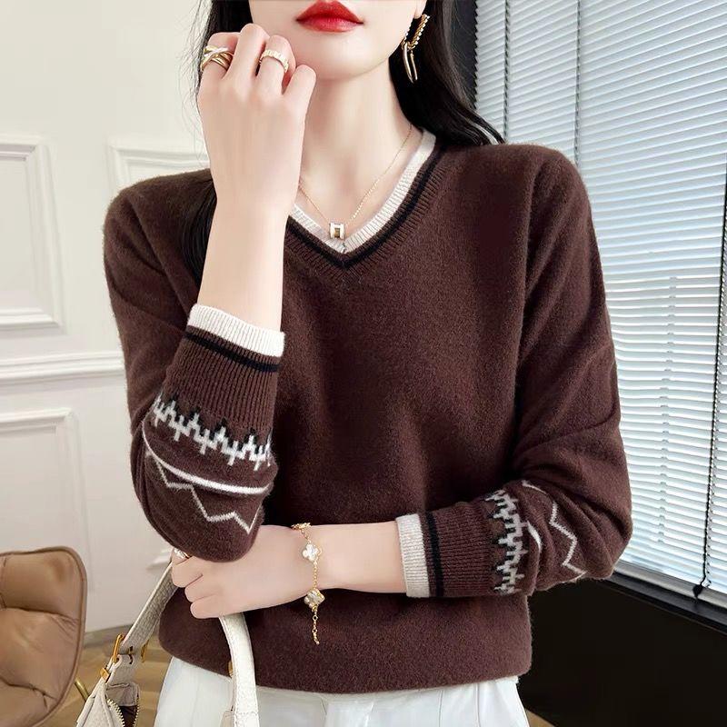 

Осенне-зимний свитер женский свободный пуловер с V-образным вырезом повседневный вязаный свитер с цветными блоками 2XL коричневый