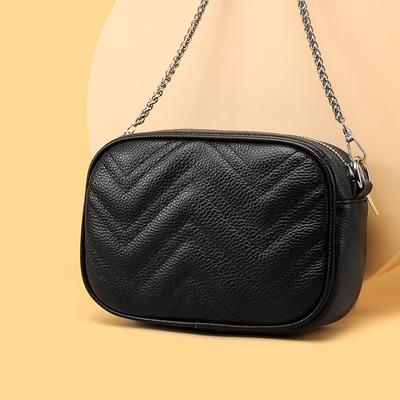 Cowhide Women'S Simple Fashion Embroidery Thread Shoulder Crossbody Chain Bag First Layer Cowhide Camera