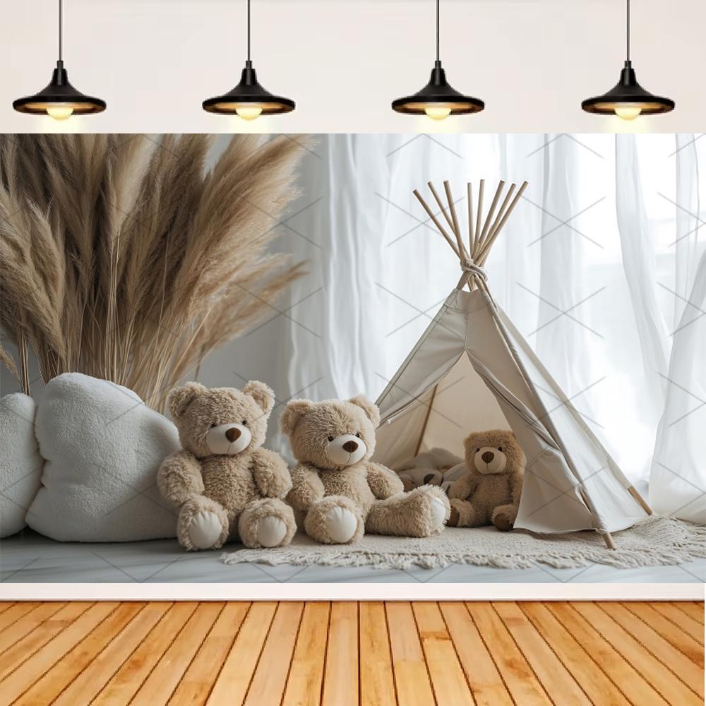 Boho Pampas Teddy Bear Photography Background Balloons Arch Tent Decor Cake Smash Baby 1st Birthday Indoor Photocall Backdrops