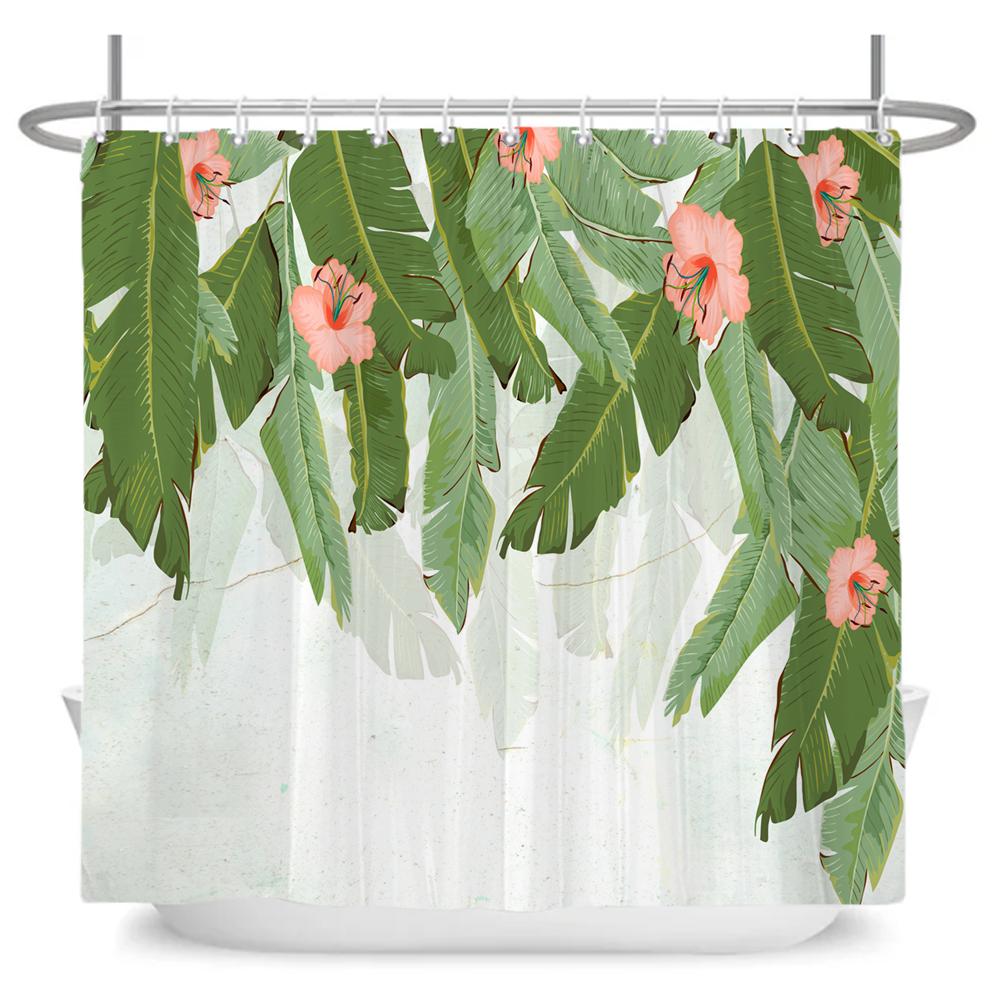 Green Leaf Plant Simple Nordic Printing Bathroom Shower Curtain Polyester Waterproof Home Decoration Curtain with 12 Hooks