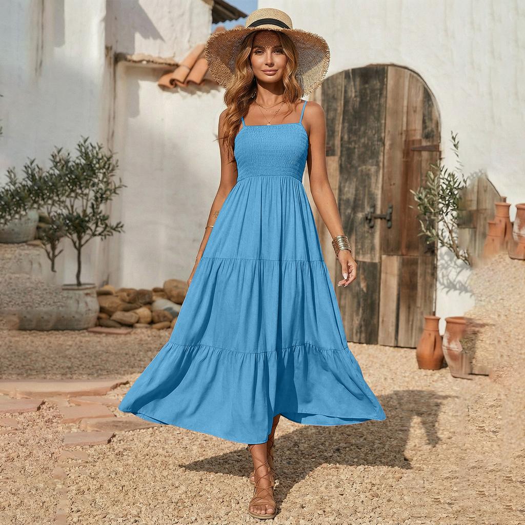 Fashionable Women's Casual Printed Tube Top Shoulder Strap Swing Dress