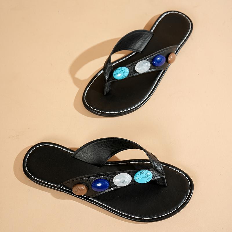 Fashion Fashion Gemstone Decor Flip Flops for Women Summer Comfortable Clip Toe Beach Slippers Woman Lightweight Non Slip Flat Sandals