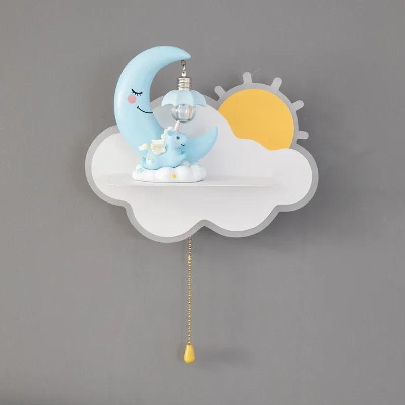 Nordic Ins Creative Astronaut Moon Clouds Led Wall Lamp With Pull Switch Kids Bedroom Bedside Study Night Lights Art Home Deco