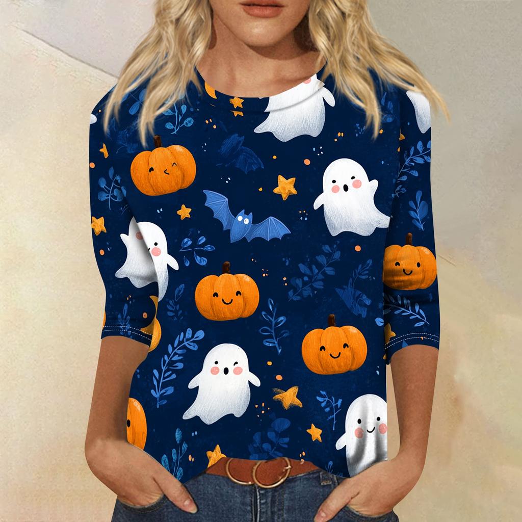 Women Casual Round Neck Halloween Print T Shirt Three Quarter Sleeve Top Lightweight Comfortable Fit Seasonal Graphic Tee