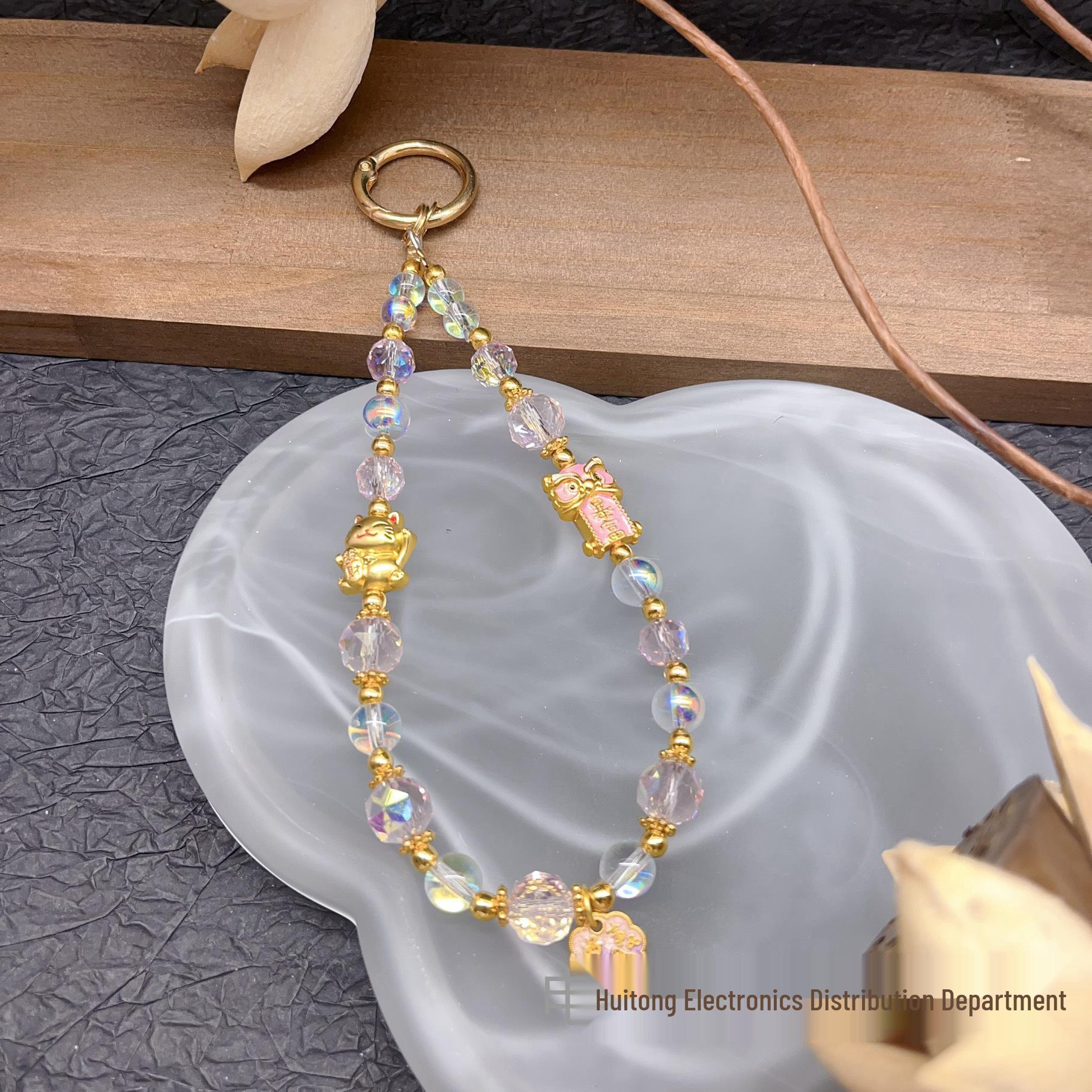 Crystal Beaded Lucky Cat Phone Charm Lanyard - Red