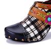 Johnature Retro Plaid Patchwork Comfortable High Heels Genuine Leather Rivet Fashion Women's Pumps