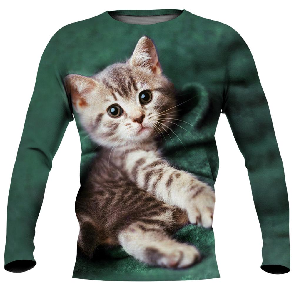 Cute Cat Print Imitation Cotton Long Sleeve Men's T-shirts Spring O-Neck Casual Loose Tee Streetwear Unisex Clothing EU Size 5XL