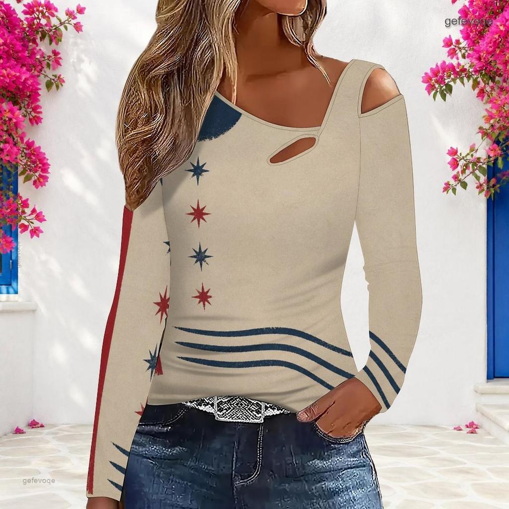 Women Plus Size Beige Red Navy Star Stripe Printed Asymmetric Cutout Cold Shoulder Long Sleeve Fitted Top
