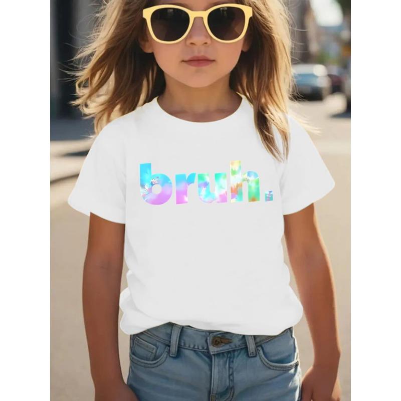 Girls Summer Fashion Short Sleeve T-Shirt with Bruh Letter Print Casual Versatile 110 белый
