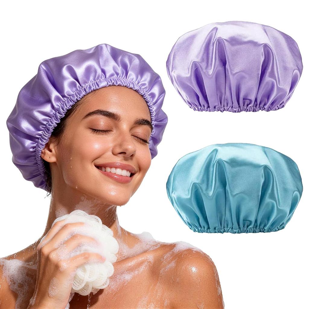 2 Stück Duschhaube für Damen, Wiederverwendbar, Wasserdicht, Umweltschutz | Doppellagige Badekappe, Elastische EVA-Duschhauben, Passt für lange Haarzöpfe