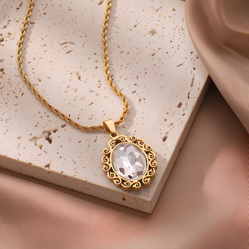 European & American Fashion Exquisite Titanium Steel Necklace with Colorful Zircon & Geometric Pendant for Women