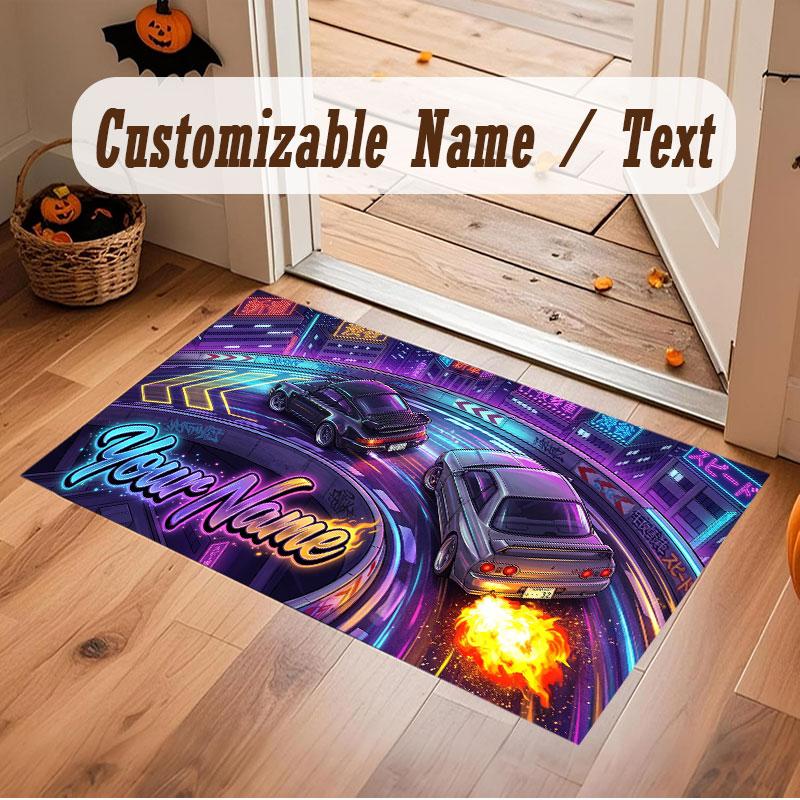 City Cyberpunk Theme Crystal Velvet Floor Rug Personalized Custom Name Text Warm Carpet Home Decoration