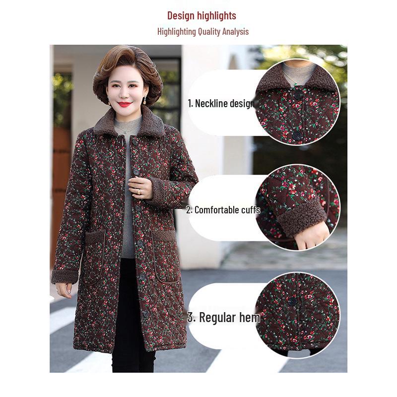 Mamas mittellange Winterjacke mit Blumenmuster - Fleecegefüttert & verdickt für Wärme, ideal für Frauen mittleren und höheren Alters