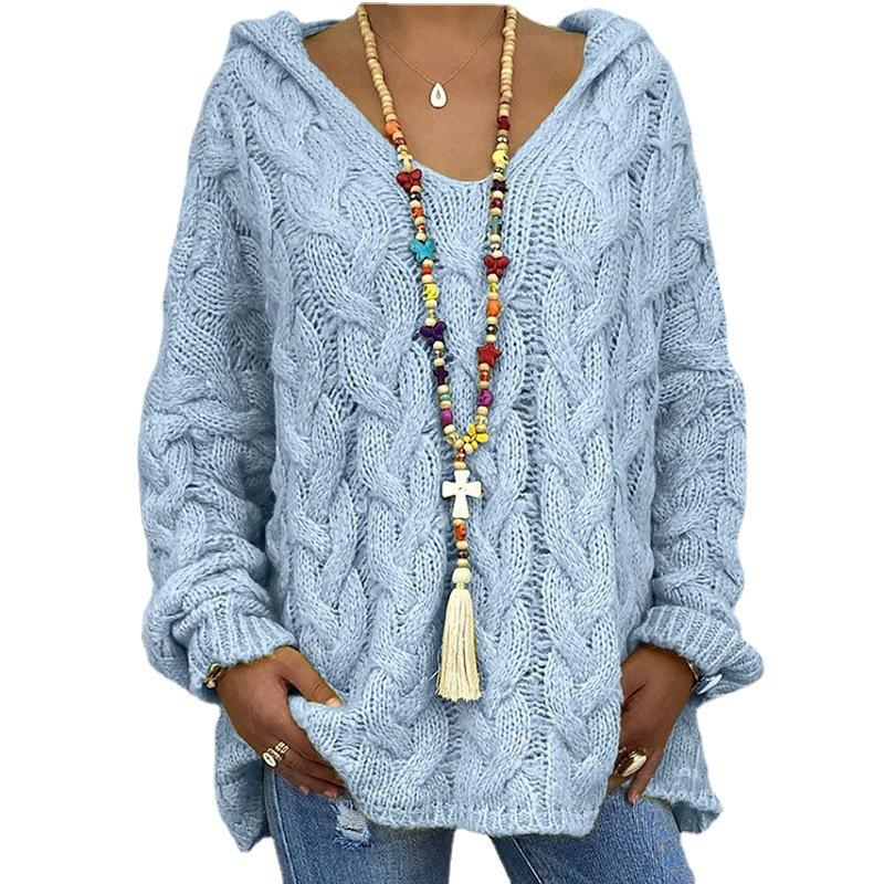 Women's Long Sleeved Hooded V Neck Knitted Loose Pullover Luxurious Relaxed-fit Slimming and Versatile Top