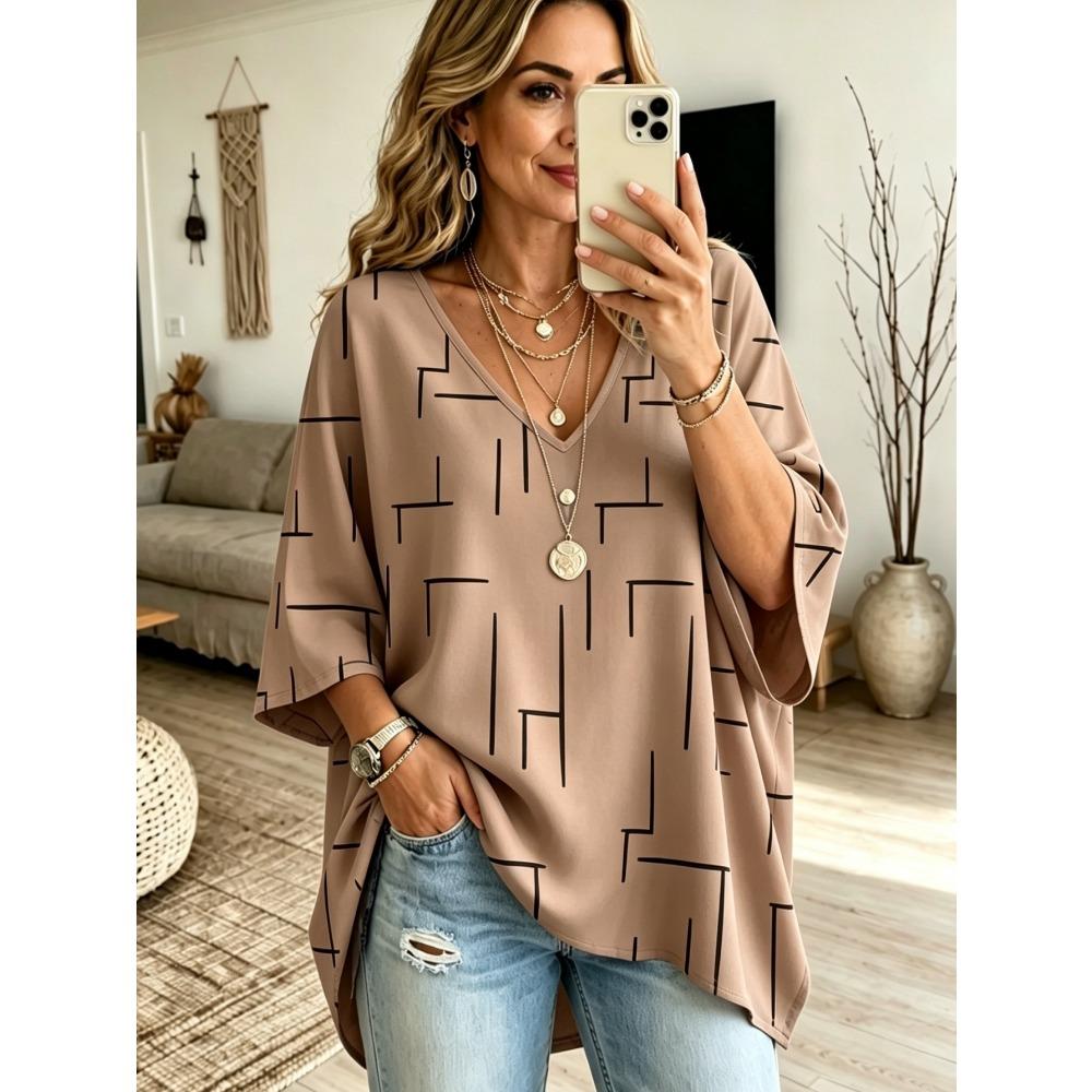 Plus Size Women's V Neck Bat Sleeve T-Shirt Bohemian Ethnic Print Loose Top Casual and Versatile