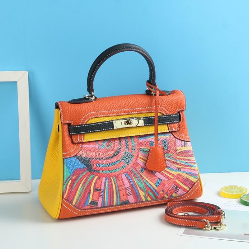 Borsa Kelli alla Moda Nuova con Fantasia a Cartoni Animati Vera Pelle di Mucca Primo Strato Borsa a Spalla Singola Diagonale da Donna