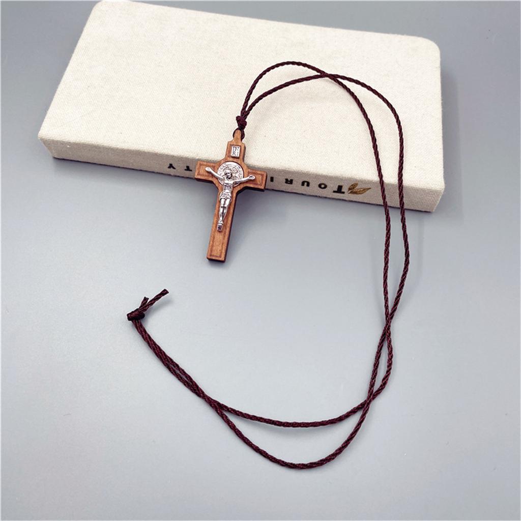 Retro Herren Damen Halskette mit schwarzem Seil Kreuz Anhänger Christlich Religiös Naturholz für Kinder Jungen Mädchen