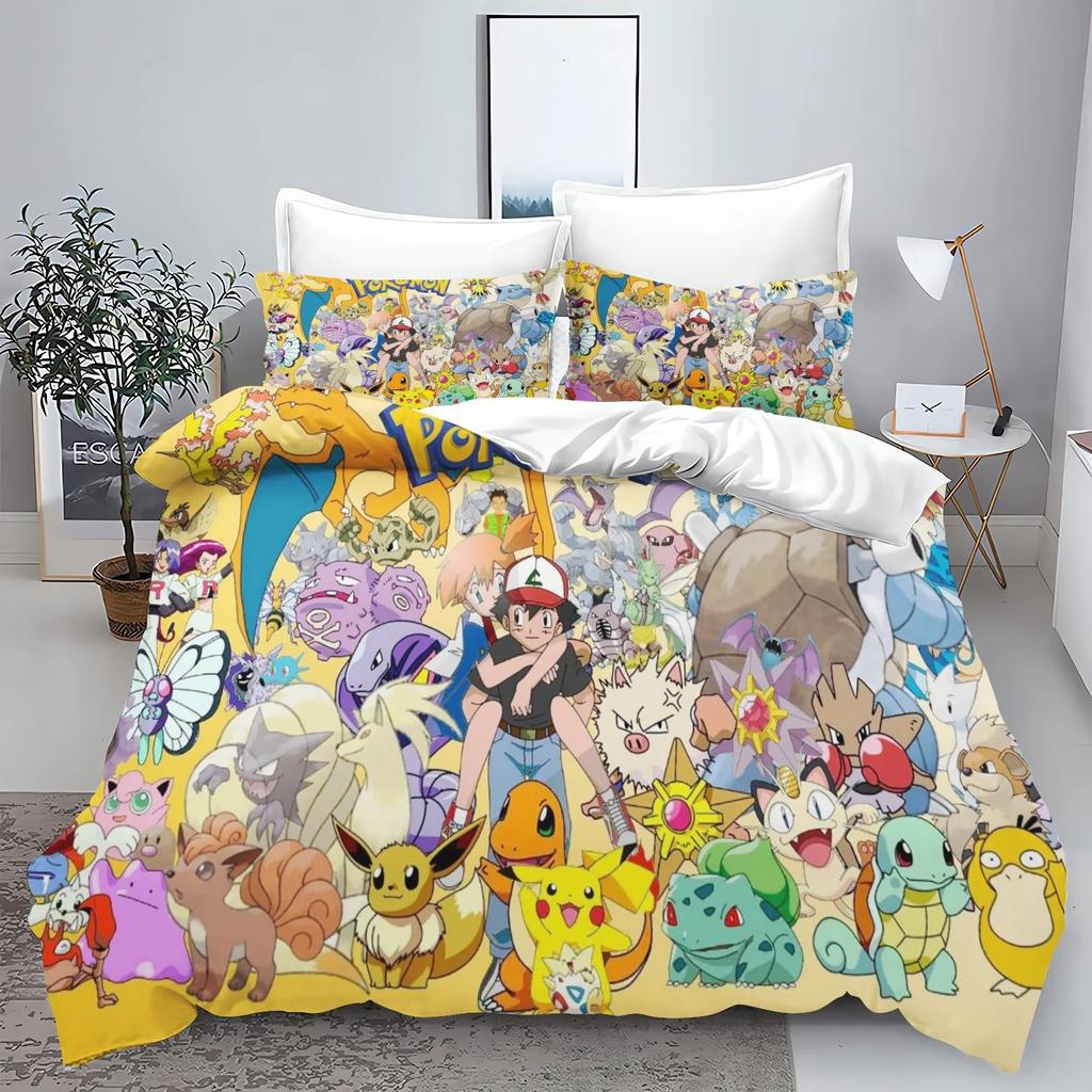 Ensemble de literie Pokémon Série Pikachu Housse de couette Taie d'oreiller à imprimé dessin animé, Décoration d'ensemble de housse de couette pour chambre, Grand King 260x240cm