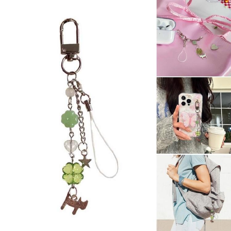 Portable Colorful Beaded Keychain Cat and Four Leaf Clovers Key Chain Jewelry for Stylish Women Trendy Bag Pendant
