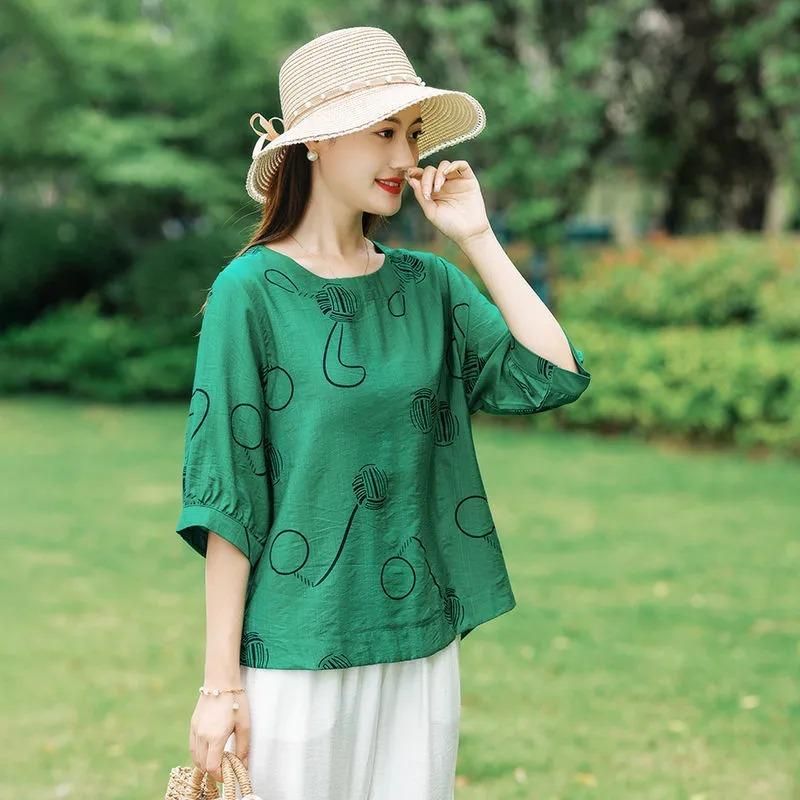 Summer Printed Cotton and Linen T-shirt Mid-sleeve Fashionable Shirt Loose Large Size Middle-aged and Elderly Women's Summer Top