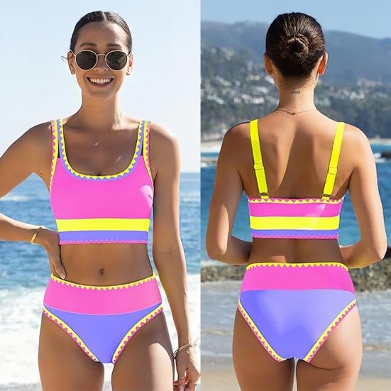 3 stk./Sæt Badedragt Sæt Polstret BH Uden Bøjle Højtaljet Bikini Trusse Sæt med Overnederdel Farveblokket Bølgemønster Bikini Sæt