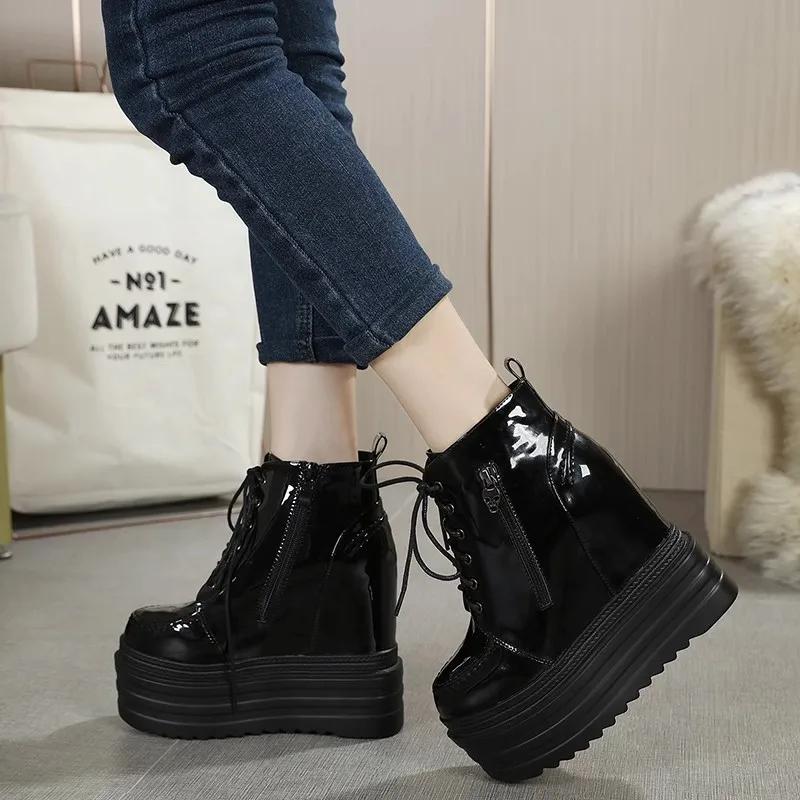 Fashion 14CM Super High Heels Platform Wedges Height Increasing Women Autumn Ankle Boots