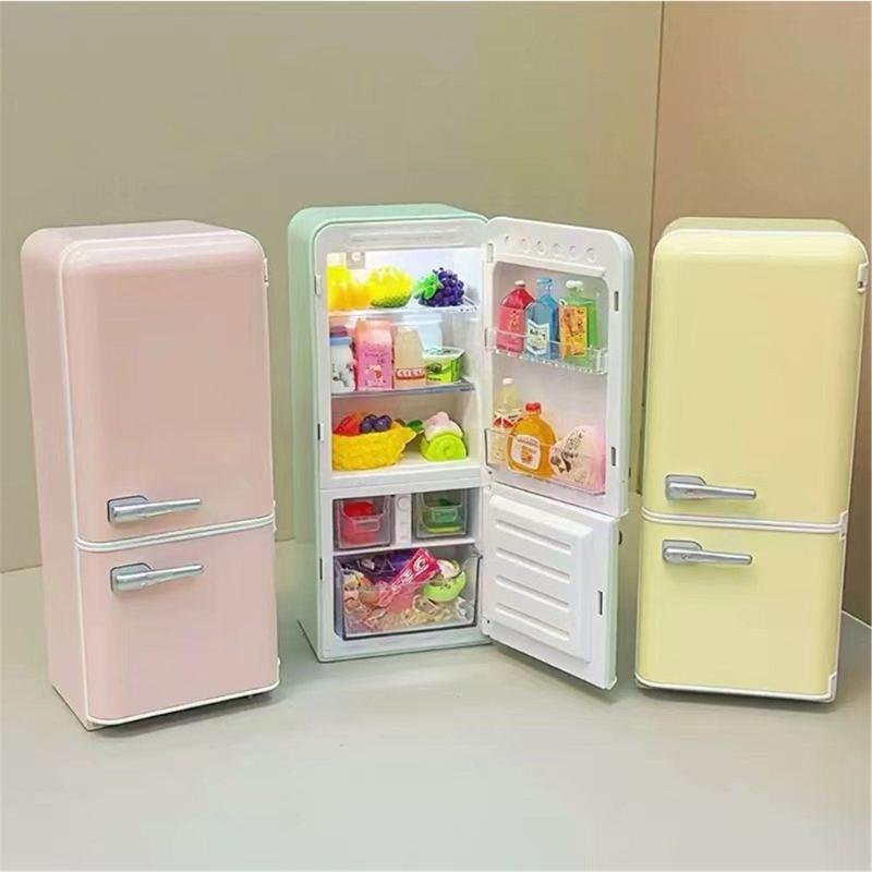 1/12 Scale Pastel Miniature LED Light Refrigerator Realistic Dollhouses Kitchen Accessory For Collectors And Model Enthusias