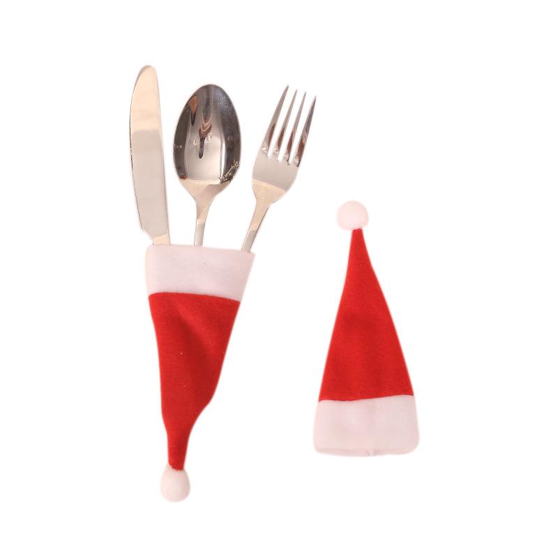 Mini Flannel Christmas Hat Cutlery & Wine Bottle Set Decoration