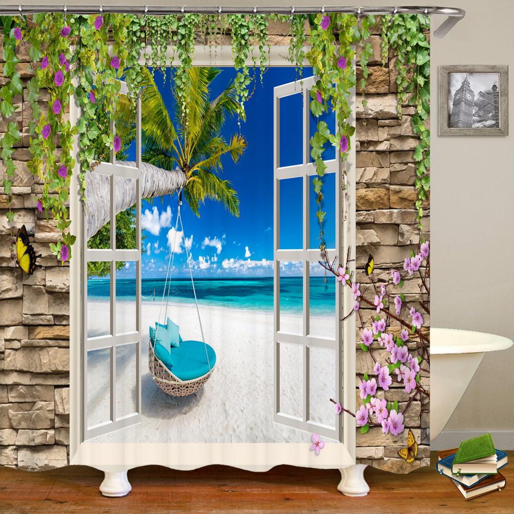 3D window opening scenery window landscape printed shower curtain mildew washable curtain bathroom decoration with hooks curtain