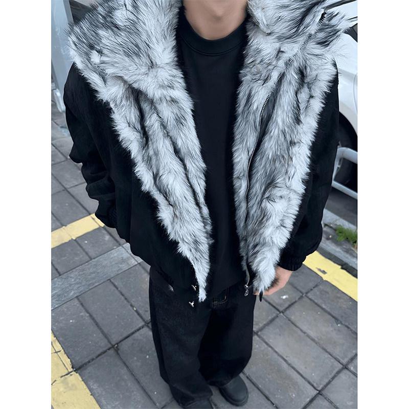 Men's American-Style Stand-Up Collar Winter Jacket - Polar Wolf King Design, Two-Piece Look, Warm Cotton, Plus Velvet Comfort