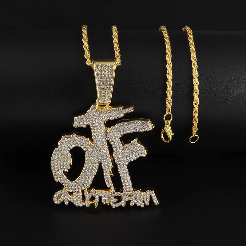 Luxurious Ice Crystal Zirconia Letter Otf Letter Pendant Necklace for Men and Women Fashion Rock Party Birthday Jewelry Gift