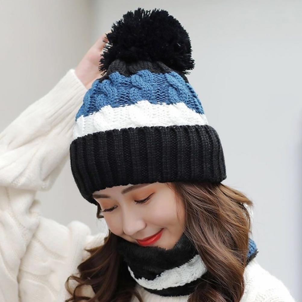 Women Winter Knitted Hat Scarf Set Fleece Lined Beanie Earflap with Pompom Thick Thermal Hat Neck Warmer for Outdoor