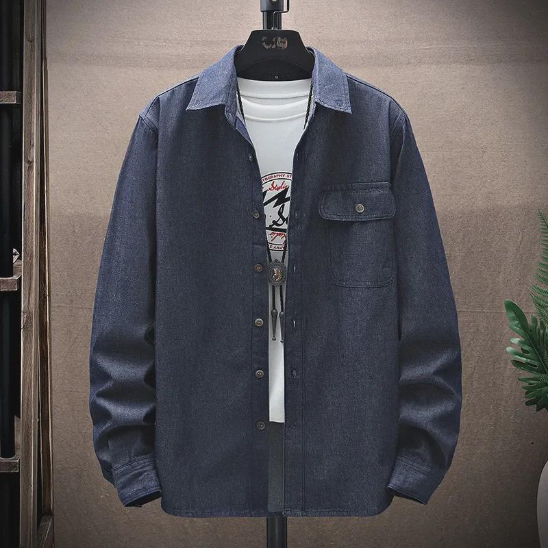 Men's Classic Denim Workwear Shirt - Long-Sleeved, Casual, Versatile, Washed for Spring or Autumn.