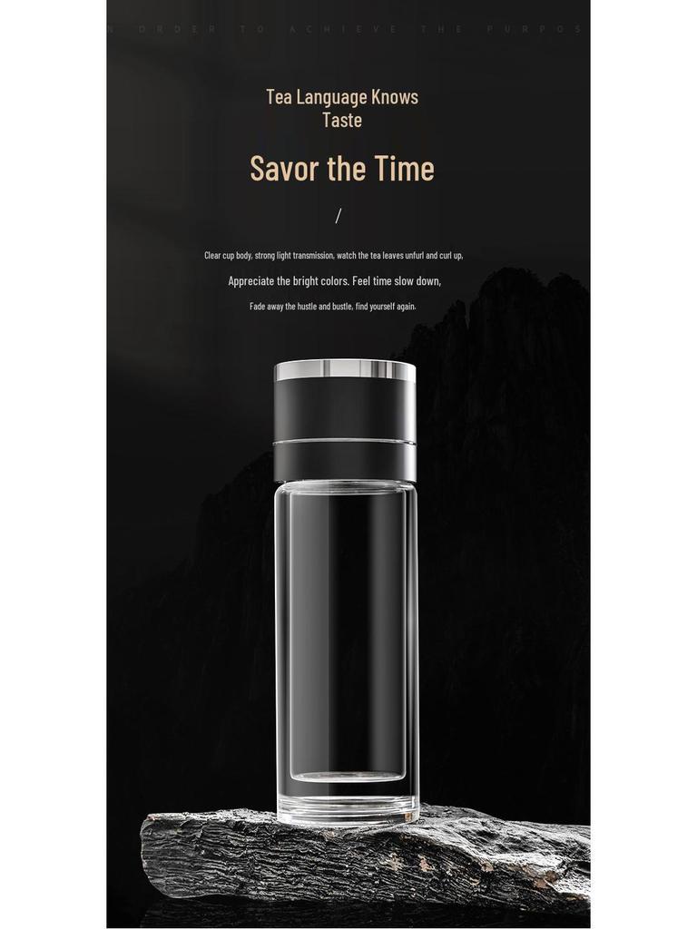 Quick-Open Lid Glass Teacup: Business Car Cup with Tea-Water Separation, Double-Layer High Borosilicate Glass and Printed Design