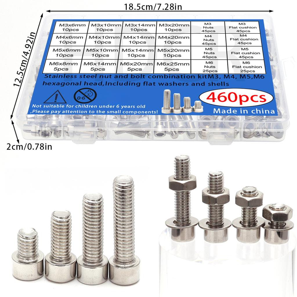 460pcs - M3 M4 M5 M6 Socket Head Cap Screws, Stainless Steel Socket Head Cap Screws, Nuts and Washers Set, for Home DIY Repairs.