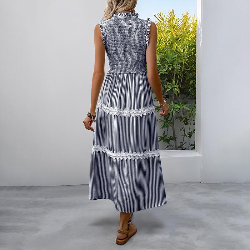 Summer New Style Casual Sweet Dress for Women Featuring Lace, Frills At The Ears, Sleeveless and Striped Design.