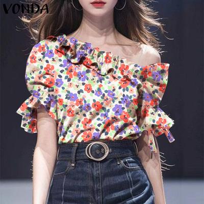 Γυναικείες Καλοκαιρινές Μπλούζες T-shirts Casual με Κοντό Μανίκι, Βολάν και Ασύμμετρο Ώμο, Με Φλοράλ Εκτύπωση