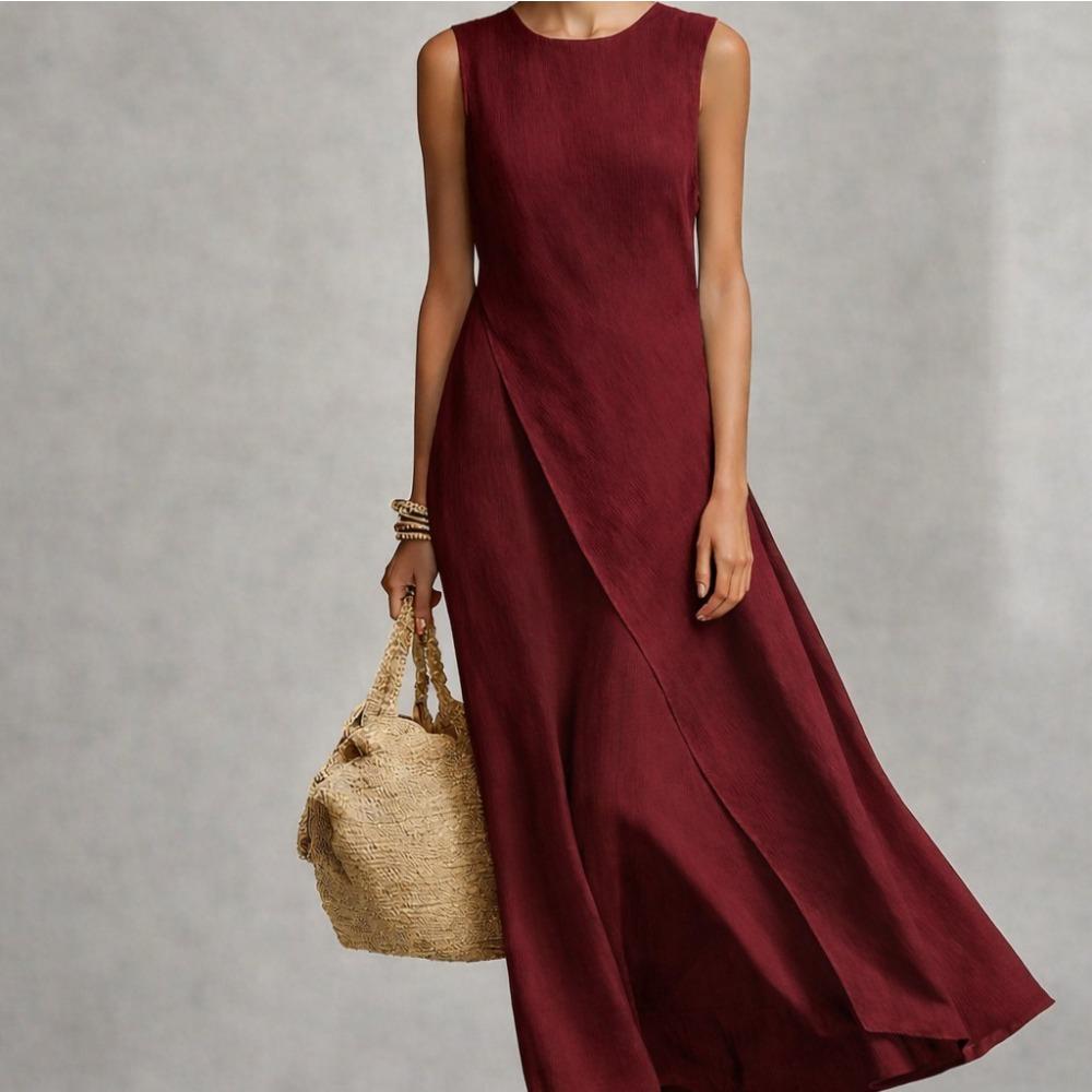 Women's Round Neck Sleeveless Loose Maxi Dress Casual Asymmetric Hem Linen Cotton Long Dress