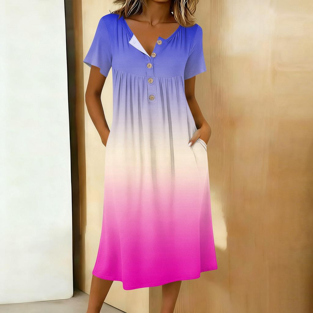 Women's Fashion Gradient Color Printed Round Neck Short Sleeve Button Neck Medium Length Casual Dress