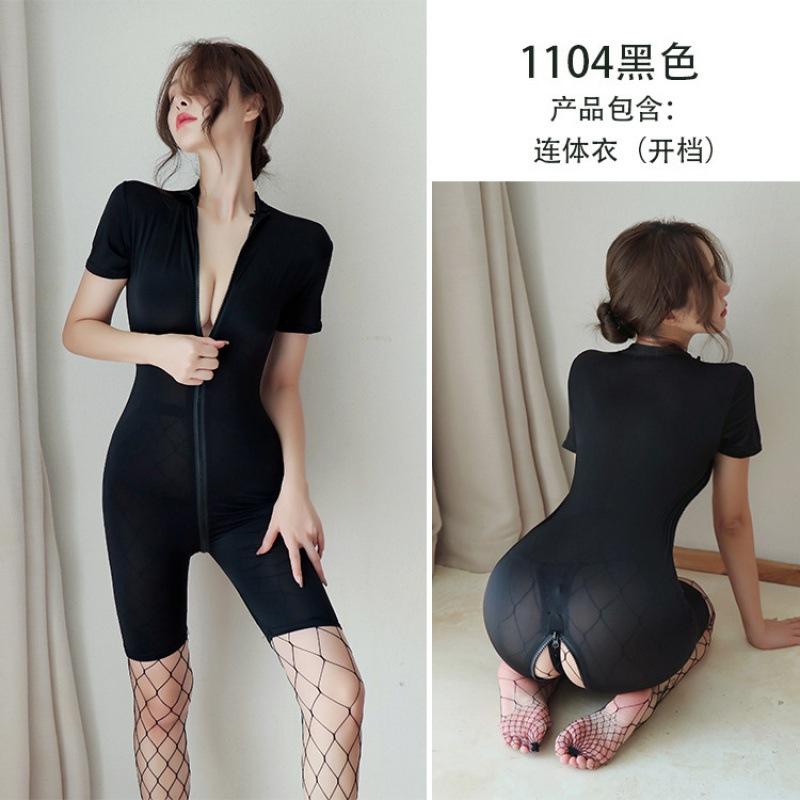 Sex Underwear Women's Sexy Silky Swimming Cloth Zipper Short Sleeve Open Gear Free Sexy Onesie Set One Piece with Hair