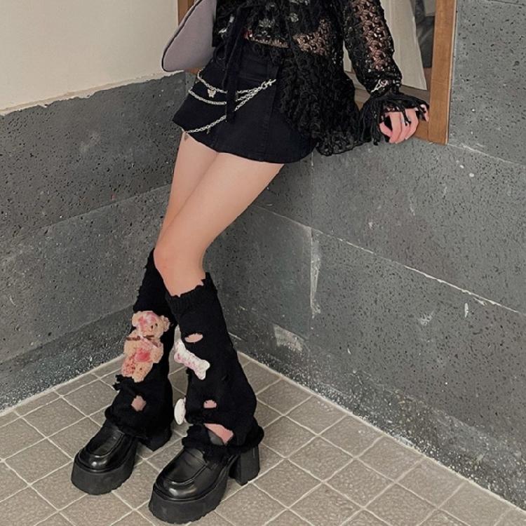 Aesthetic Fashion Ripped Hole Knitted Leg Warmer Streetwear Harajuku Boot Cover 3D Bloody Bear Doll Leg Sleeve for Women