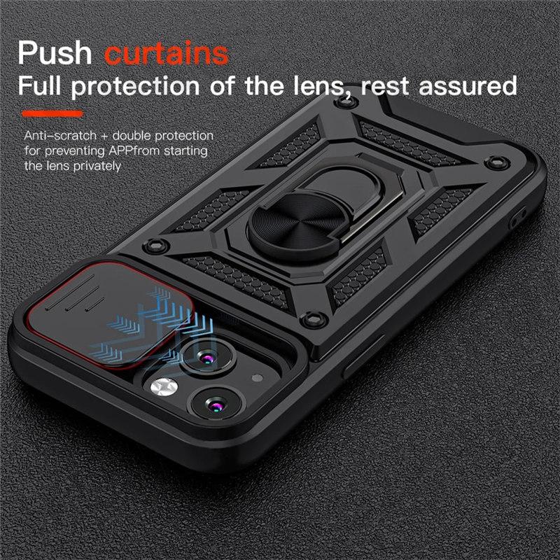Armor Slide Camera Protection Phone Case For iPhone 13 12 11 Pro Max XR XS Max 6 7 8 Plus Ring Stand Holder Shockproof Cover