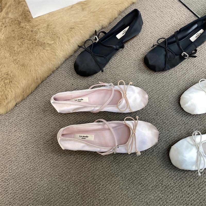 Bailarinas Zapatos de mujer Satin Summer Shoes Round Toe Ballerines Bow Buckle Pink Elegantes Women Ballet Flats