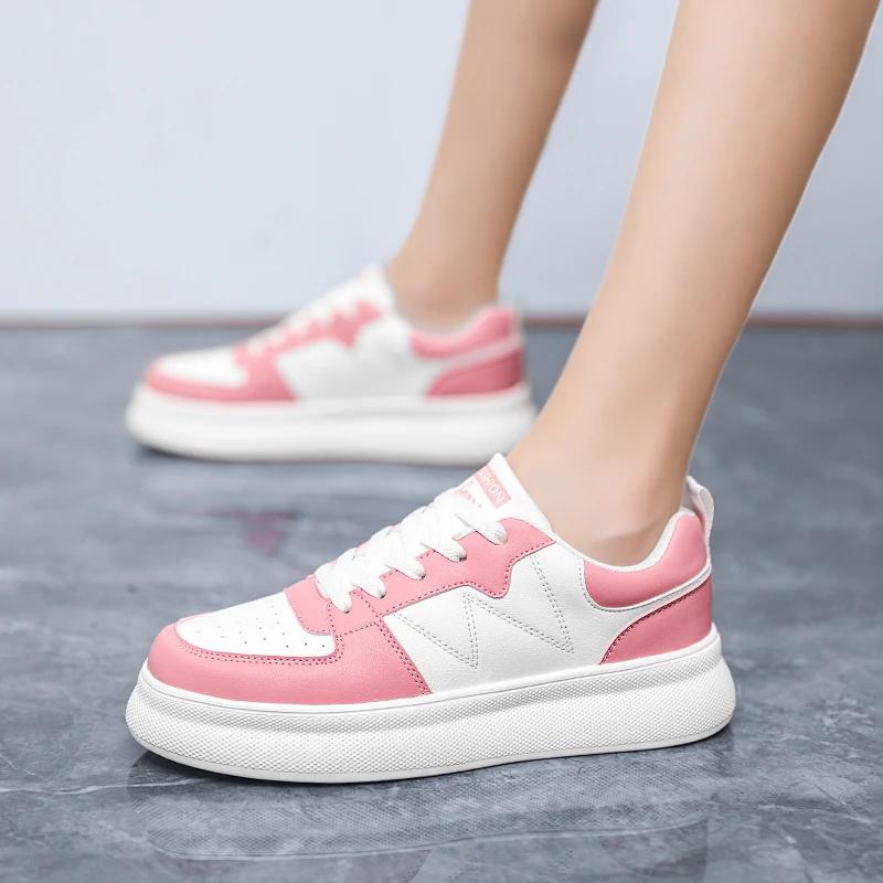 Casual PU Leather Breathable Lace Up Sports Shoes for Women Fashionable Lightweight Anti Slip Walking Shoes Thick Soled Shoes