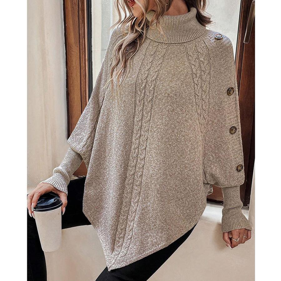 Autumn Winter New Knitted Sweater Women's Clothing, Cable Knit High Neck Button Long Sleeve Top