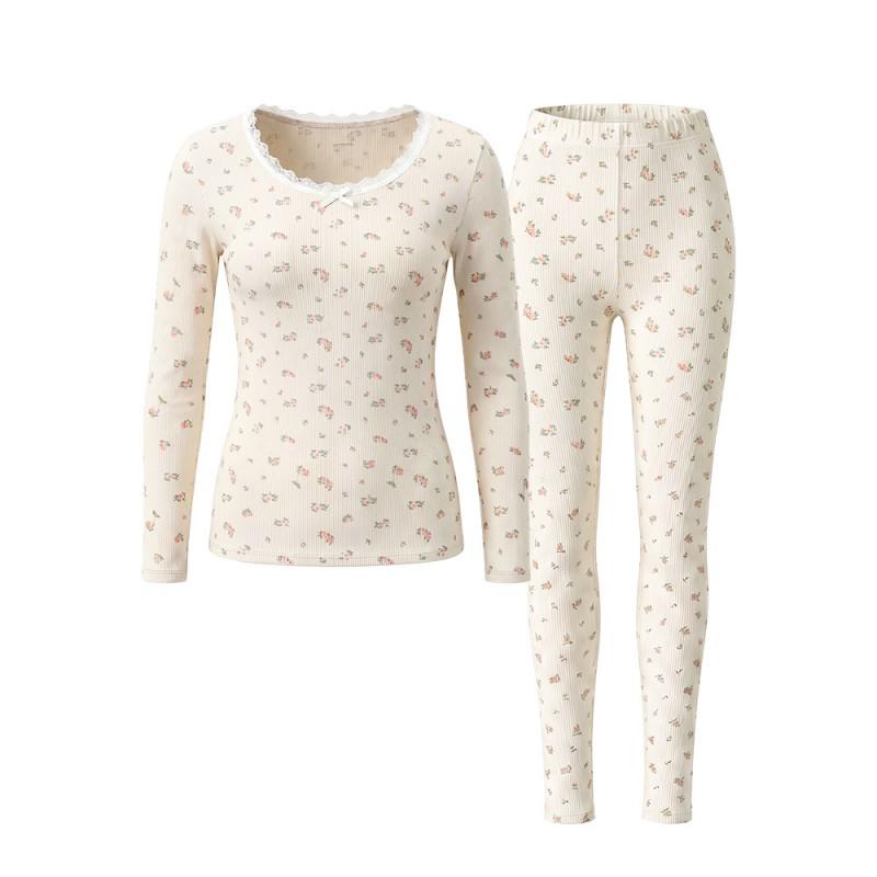 Womens 100% Cotton Floral Thermal Underwear Set - Anti-bacterial Warm Long Sleeve Top Pants Youth